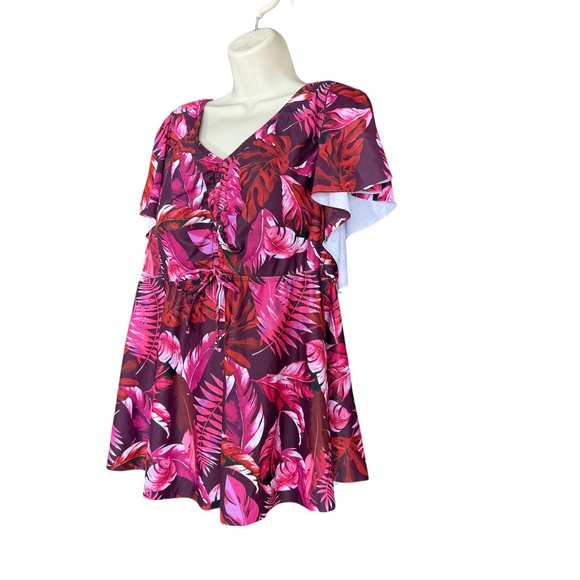 Tropical Pink Palm Leaf Print Flutter Sleeve  Swim Top With Built-In Bra Top 3X - Picture 5 of 10